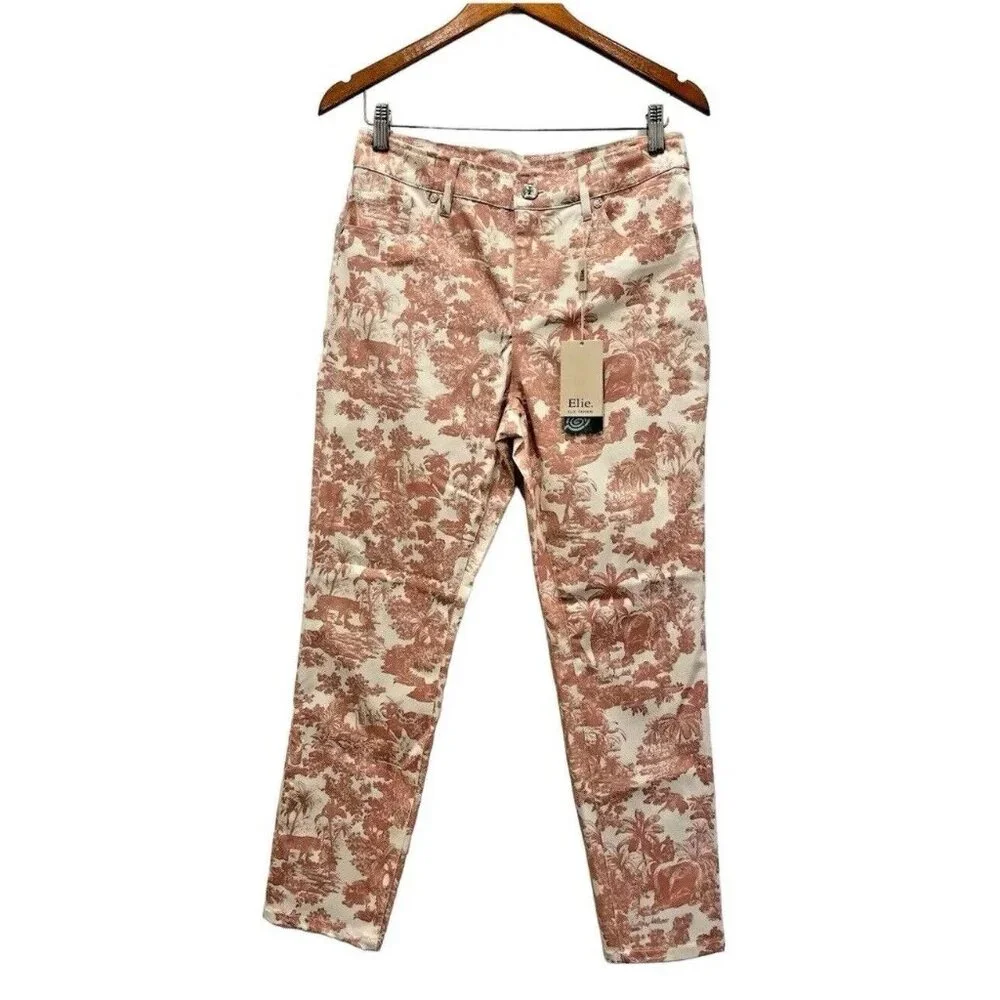 ELIE TAHARI Skinny Ankle Womens Pant White Blush Tropical Floral Tiger Havana 8 - Picture 1 of 7